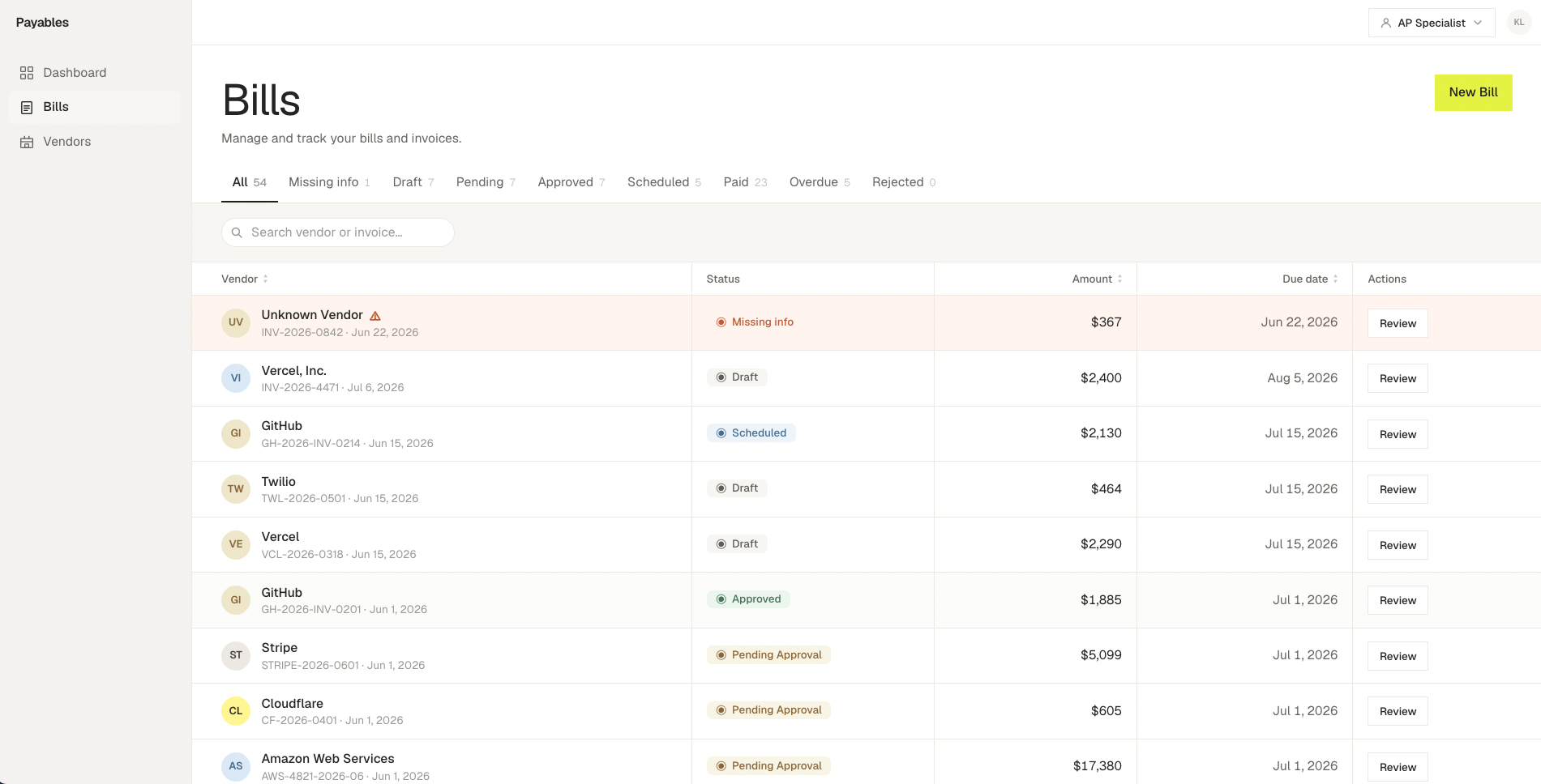 Bills list — every invoice, filterable by status from missing info to paid.