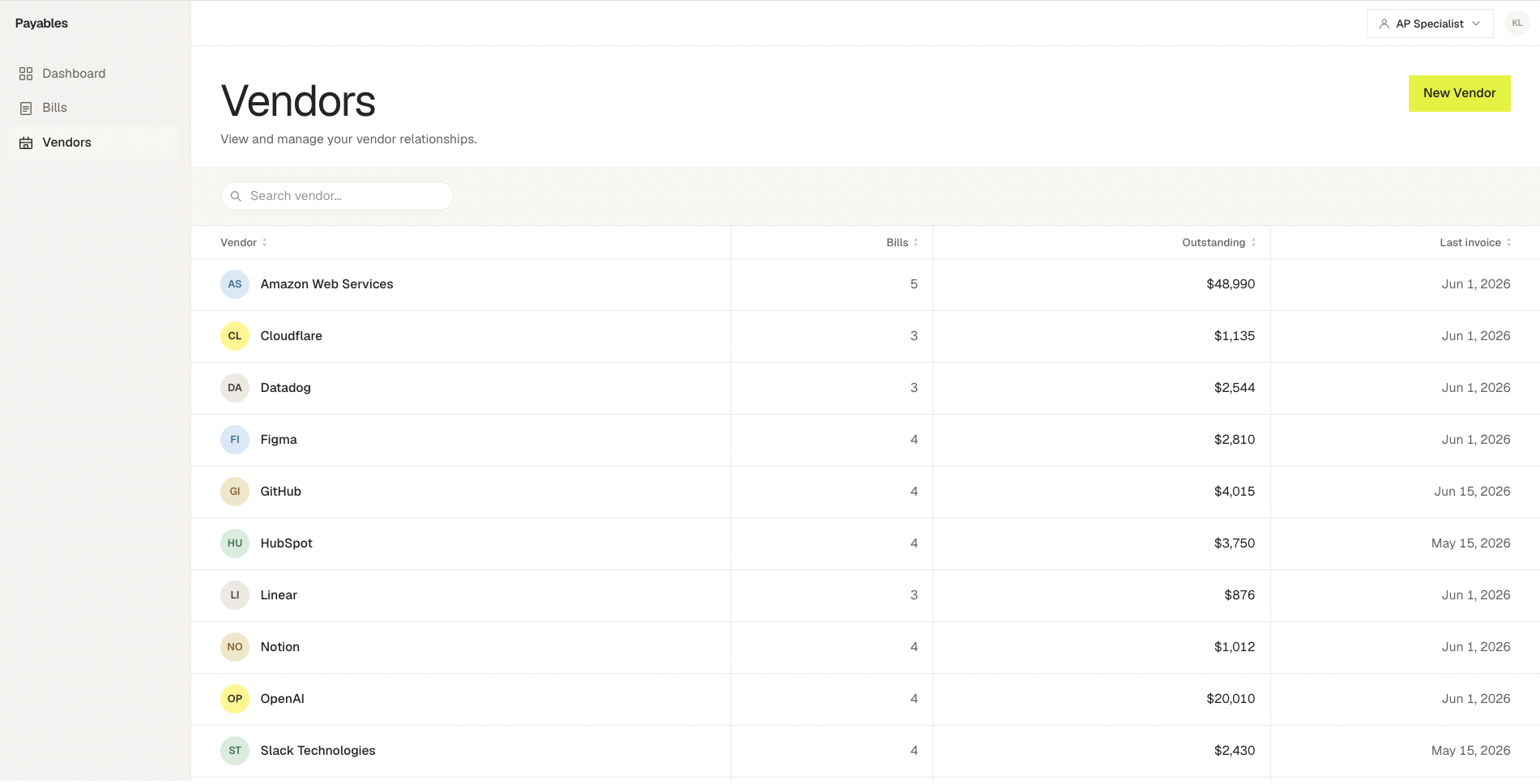 Vendors list — outstanding balance and last invoice date per vendor.